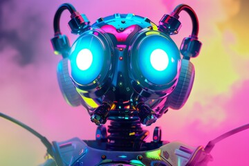 A vibrant, futuristic robot with oversized, glowing blue eyes against a colorful gradient background
