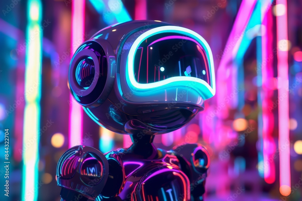 Aufkleber this image presents a stylish robotic figure with a sleek black reflective visor in a neon-lit envir