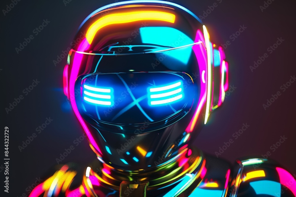 Poster a vivid neon-lit 3d render of a futuristic robot with cyberpunk aesthetics the image shows the head 
