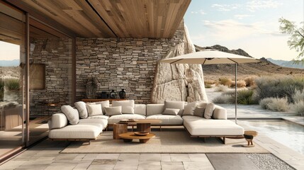 Serene outdoor décor in neutral tones with wood and stone elements. In front there is a light-colored sofa. with a small wooden table and a large umbrella on the right Behind it is a plain brick wall.