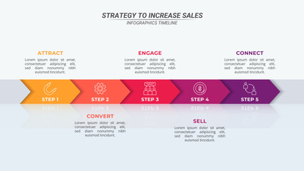 Horizontal Arrow Infographic Timeline with 5 Steps and Editable Text on a 16:9 Layout for Business Presentations, Management, and Evaluation.