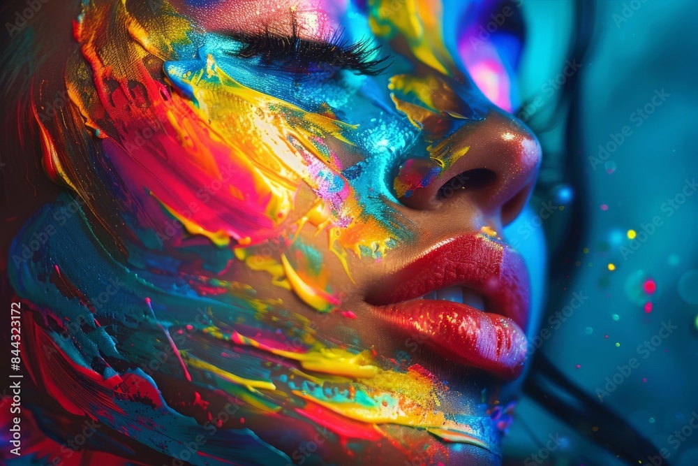 Poster a model with vibrant, multicolored face paint is captured in a close-up, showcasing a mix of texture