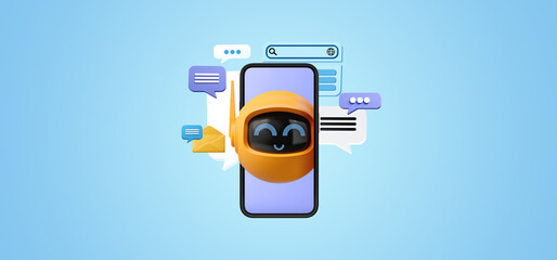 Smartphone screen with speech bubbles and robot icon, blue background