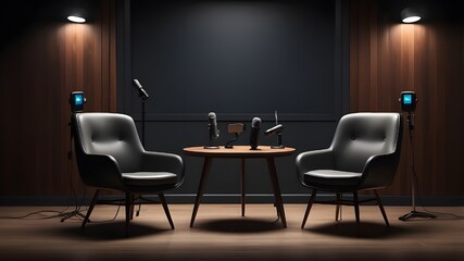 Illustrate a wide banner of a podcast or interview room featuring two chairs and microphones, set against a dark background, capturing the essence of media conversations and podcast streamers with spa