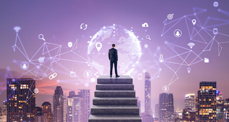 Businessman on stone stairs, smart city icons and Bangkok skyline at night