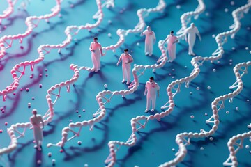 Abstract illustration of human figures walking on a blue background with DNA strands.  Conceptual art for science, technology, and medicine.