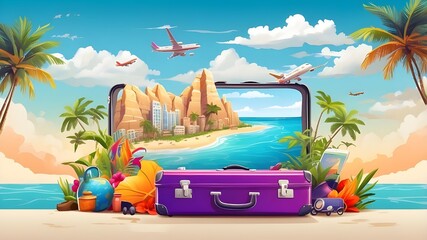 Illustrate a vibrant vacation travel time banner displaying an open travel suitcase filled with an exotic destination, inspiring wanderlust and excitement, with plenty of copy space area for personali