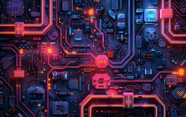 Fototapeta premium Futuristic circuit board with glowing neon lights, illustrating modern technology and digital electronics in vibrant colors.
