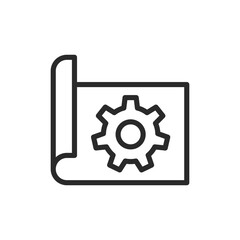 Blueprint with gear, linear style icon. Blueprint or plan with a gear, construction or engineering project. Editable stroke width.