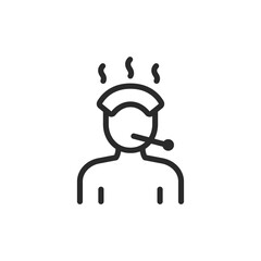 Fever, high temperature, linear style icon. Person with thermometer in mouth and cloth on forehead. Feeling hot. Editable stroke width