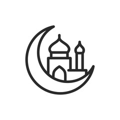 Mosque and Crescent, linear style icon. mosque within a crescent moon. Editable stroke width.