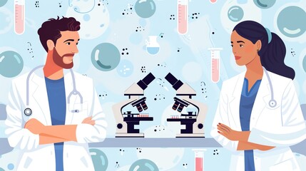 Two scientists in lab coats stand facing each other with microscopes between them.