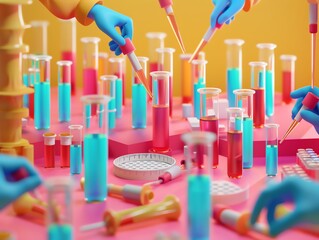 Multiple gloved hands conduct experiments with colorful liquids in test tubes and beakers on a pink surface.