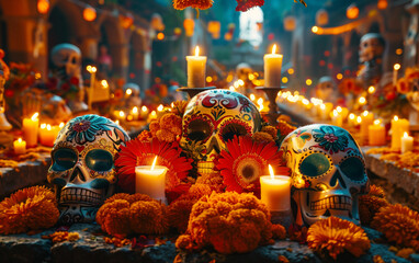 Sugar skulls surrounded by cempasuchil flowers and candles are beautifully arranged to celebrate the day of the dead in mexico