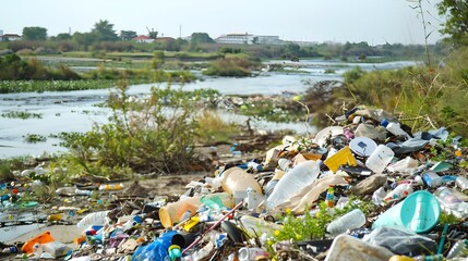 Riverbank Covered in Waste and Discarded Items with Vegetation Background
