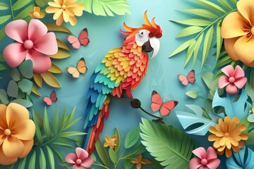 3D parrot layered paper art. paper quilling illustration. wall art, tumbler wrap design.