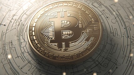 Golden Bitcoin on a futuristic, digital background, representing cryptocurrency and blockchain technology concepts in finance.