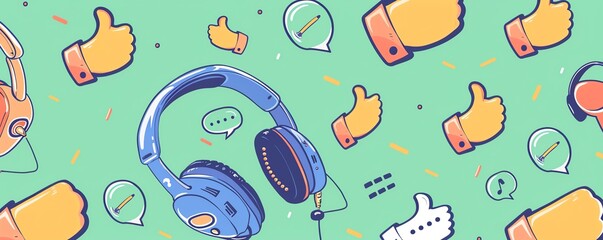 Headphones with thumbs up on a green background.