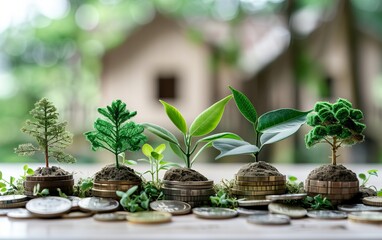 Small plants sprouting from stacks of coins, symbolizing growth and investment in a natural background.