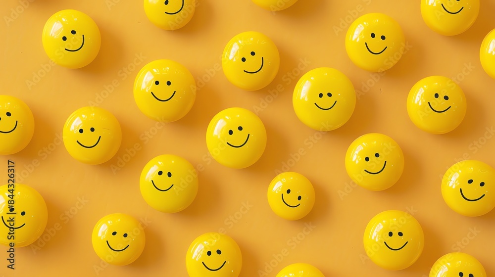 Poster 3d rendering of a pattern of yellow smiley faces on a yellow background. the smiley faces are all th