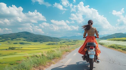 Fototapeta premium A Korean woman in a traditional Hanbok dress rides a motorcycle through a scenic countryside road with vibrant green fields and clear blue skies in the background