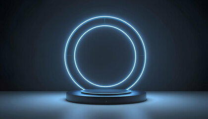 Abstract 3D room with realistic cylinder pedestal podium and neon ring background. Minimal scene for product display 