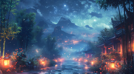 beautiful view of bamboo trees at night