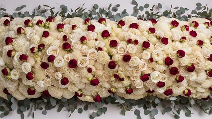 Floral pattern made of red and white rose flower buds and eucalyptus branches on white background fat lay top view flowers texture