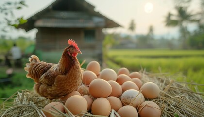 AI generator image of,Farmer feeding laying hens on a farm,collecting eggs on a rural farm.