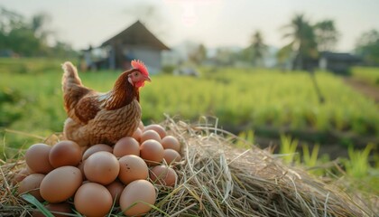 AI generator image of,Farmer feeding laying hens on a farm,collecting eggs on a rural farm.
