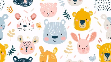 Fototapeta premium A colorful pattern of animal faces with a happy, playful mood