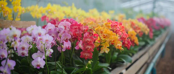 AI generator images of Colorful orchids beside long perspective concrete path farm