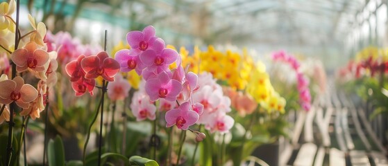 Fototapeta premium AI generator images of Colorful orchids beside long perspective concrete path farm