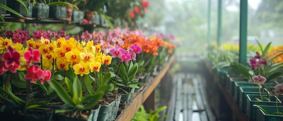 Fototapeta premium AI generator images of Colorful orchids beside long perspective concrete path farm