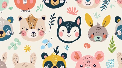A colorful pattern of animal faces with a green leaf in the middle