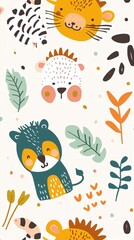 A colorful drawing of animals with a leafy background