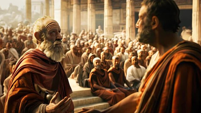 Ancient philosophers speaking to audience in a historical setting