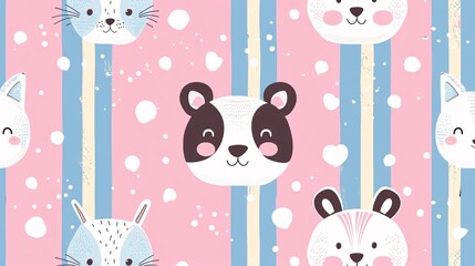 A colorful pattern of animal faces with a panda in the middle