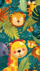 Fototapeta premium A colorful jungle scene with a giraffe wearing a yellow shirt
