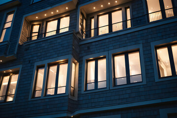 Low angle view of the upper floors of a large house. The windows are illuminated with interior lighting. Square shot.