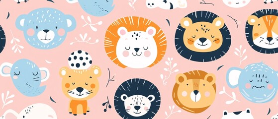 Naklejka premium A colorful pattern of animal faces with a pink background