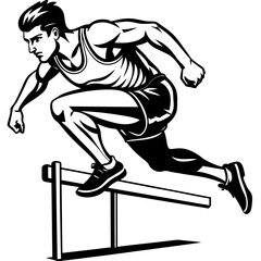 Male athlete-runner at the moment of jumping over an obstacle         