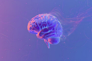 A transparent brain on a purple-blue background with abstract lines, representing intelligence, creativity, and modern technology