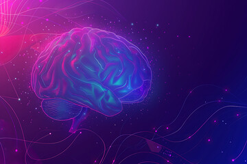 Fototapeta premium A transparent brain on a purple-blue background with abstract lines, representing intelligence, creativity, and modern technology
