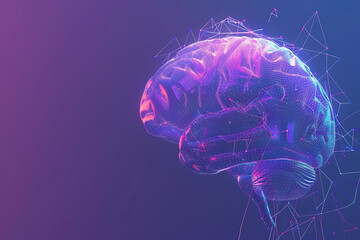 A transparent brain on a purple-blue background with abstract lines, representing intelligence, creativity, and modern technology