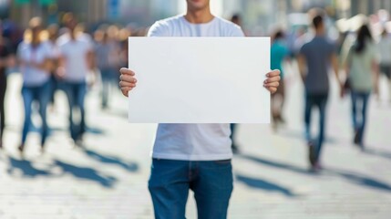 Person holding a blank white sign in a busy urban street, offering space for customizable messages amidst a bustling city backdrop.