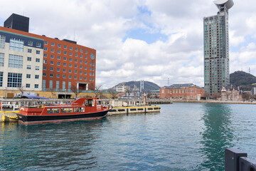 Naklejka premium Landscape view at Mojiko port with blue sky in Kitakyushu, Japan.