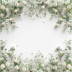 Naklejka premium Beautiful floral border of white roses and greenery surrounding a blank white space, perfect for creating romantic and delicate invitations or frames.
