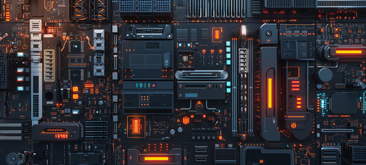Fototapeta premium A sleek backup solutions system with layered security features and cloud integration, top view, showcasing cuttingedge technology, scifi tone, Vivid Color Scheme.