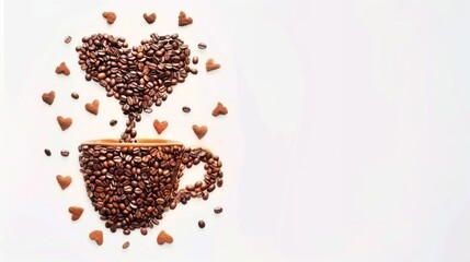 Naklejka premium A cup of coffee beans, a heart sign in the shape of a coffee bean. Minimalist concept.